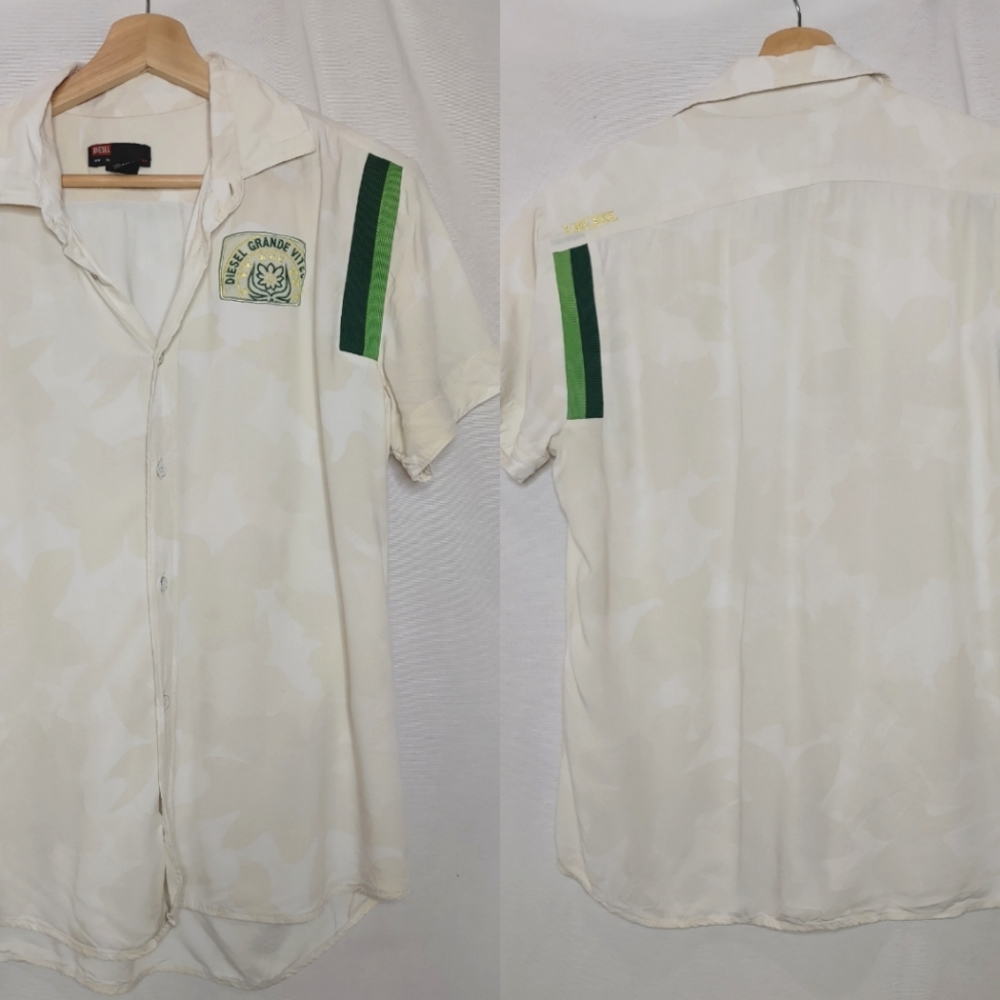 Diesel Camp Shirt Button Front Short Sleeve Cream White Floral Green Slim XL
